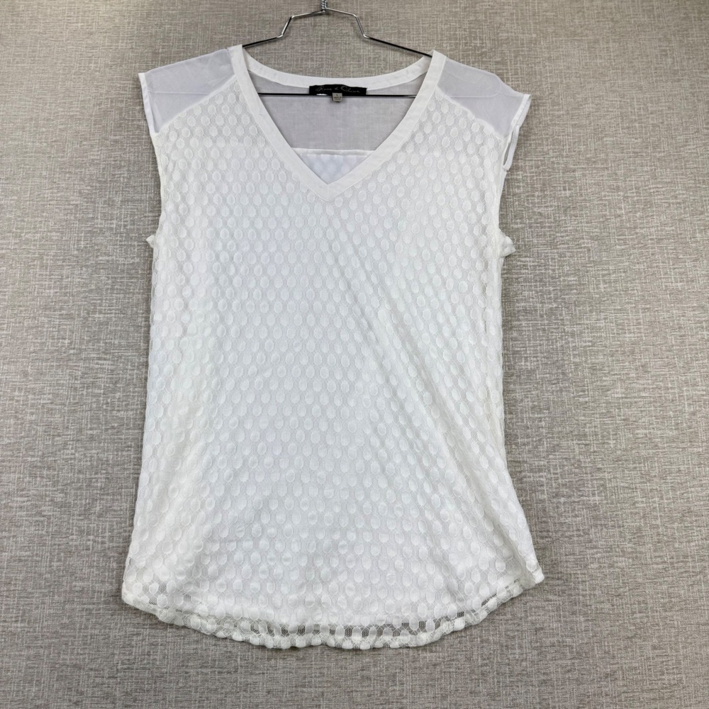 Rose & Olive Womens White V-Neck Sleeveless Lace Dot Sheer Chiffon Top Large